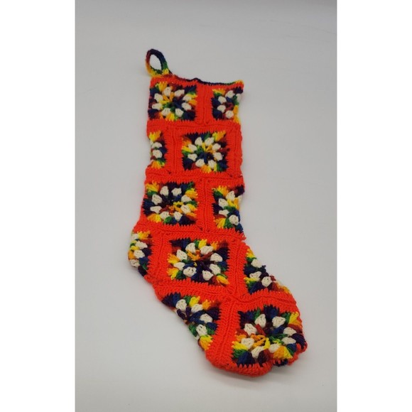 Handmade multi color Hand Knitted block pattern Christmas Stocking - Picture 2 of 2